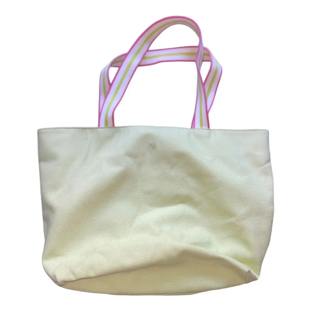 Lilly Pulitzer Green Pink Canvas‎ Tote Bag with Embroidered Palm Tree